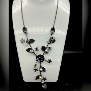 Vintage Sterling Silver, Faux Gray Pearl And Crystal Necklace, Black Flowers